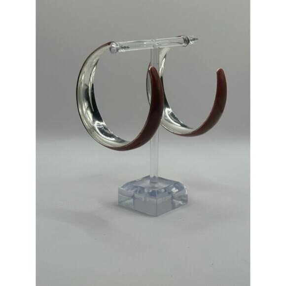 Maroon Silver Open C Hoop Earrings Pierced Post Back Modern Lightweight - Picture 4 of 5
